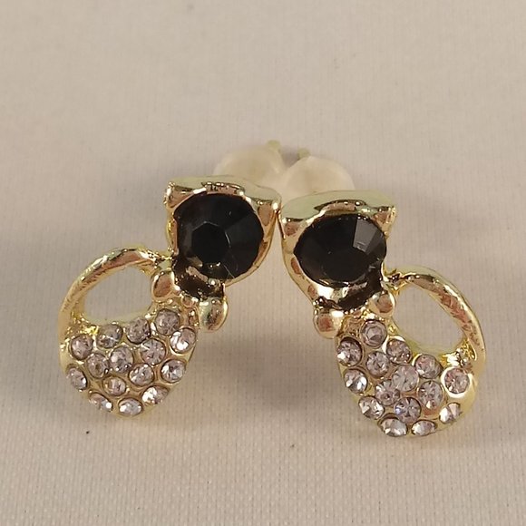 Gold Plated Black Crystal Cat Stud Earrings Women's Party Gift - Picture 2 of 5